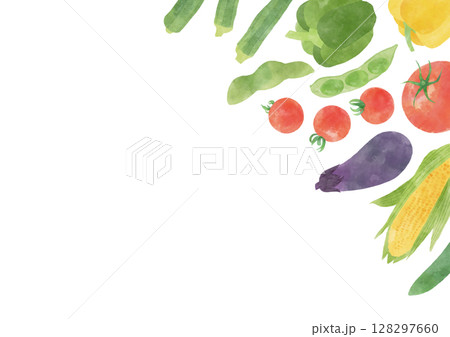 水彩風の夏野菜を右上にあしらったフレーム（横長） 128297660