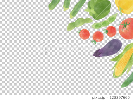 A horizontal frame with watercolor-style summer vegetables on the upper right 128297660