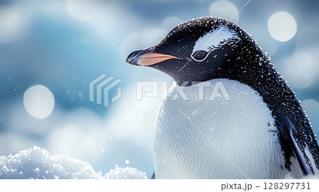 雪の中のペンギンの顔のクローズアップ 128297731
