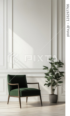 Olive green armchair sofa and blank modern interior white wall cozy minimalist room 128297766