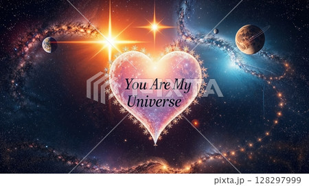 Crystal heart with snowflake border floating in space surrounded by planets and galaxies with love message. Interstellar romance concept. Crystal heart with snowflake border floating in space surrounded by planets and galaxies with love message. Interstellar romance concept. 128297999