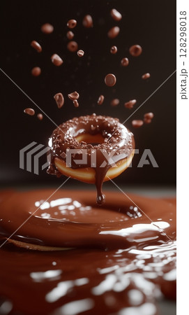 Sweet sprinkle of melted chocolate cream topping donut fries snack food flying for tea time 128298018