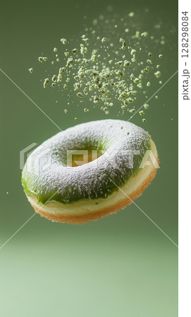Sweet sprinkle of powdered green tea topping donut fries snack food flying for tea time 128298084