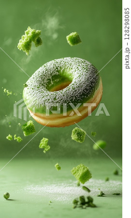 Sweet sprinkle of powdered green tea topping donut fries snack food flying for tea time 128298085