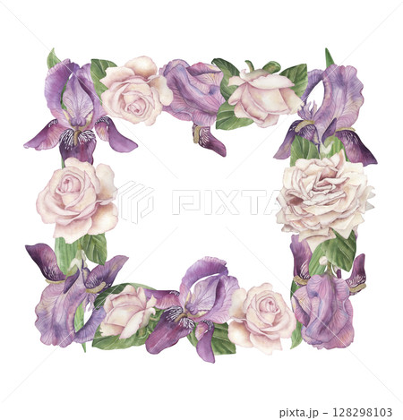 A square frame of flowers. Irises, roses, buds, green leaves are hand-painted in watercolor in a botanical style. Suitable for postcard design, wedding invitations, floristry, flower shop, packaging 128298103