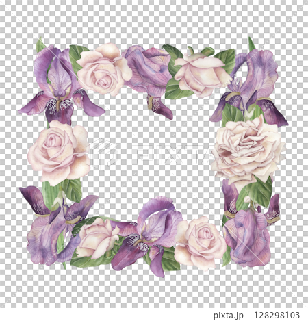 A square frame of flowers. Irises, roses, buds, green leaves are hand-painted in watercolor in a botanical style. Suitable for postcard design, wedding invitations, floristry, flower shop, packaging 128298103