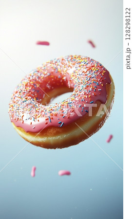 Sweet sprinkle of powdered strawberry cream topping donut fries snack food flying for tea time 128298122