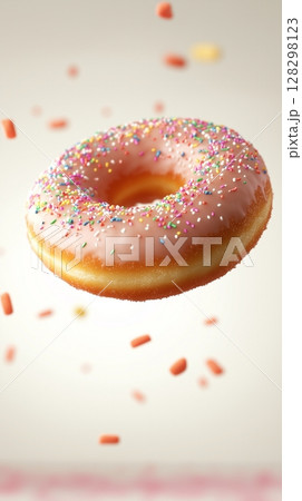 Sweet sprinkle of powdered strawberry cream topping donut fries snack food flying for tea time 128298123