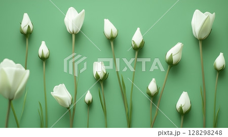 White tulip flower neatly arranged bottom edge copy space green background 128298248