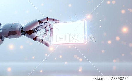 White robotic arm presenting illuminated screen against soft misty background with scattered light particles. Ethereal digital postcard mockup design. White robotic arm presenting illuminated screen against soft misty background with scattered light particles. Ethereal digital postcard mockup design. 128298274
