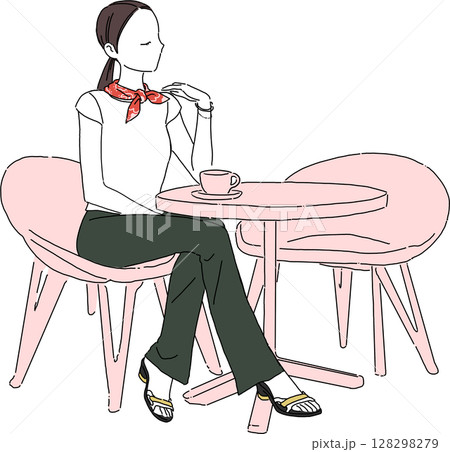 カフェでくつろぐ女性 夏のスカーフコーデ テラス席イラスト カフェでくつろぐ女性 夏のスカーフコーデ テラス席イラスト 128298279