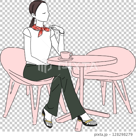 カフェでくつろぐ女性 夏のスカーフコーデ テラス席イラスト カフェでくつろぐ女性 夏のスカーフコーデ テラス席イラスト 128298279