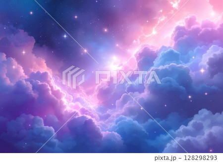 Dreamy celestial sky background with volumetric clouds and starlight 128298293