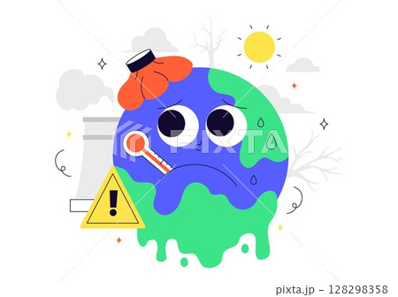 Global Warming Vector Illustration Featuring a Melting or Burning Planet Earth and Thermometer, Raising Awareness to Prevent Environmental Damage 128298358