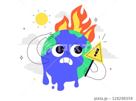 Global Warming Vector Illustration Featuring a Melting or Burning Planet Earth and Thermometer, Raising Awareness to Prevent Environmental Damage 128298359