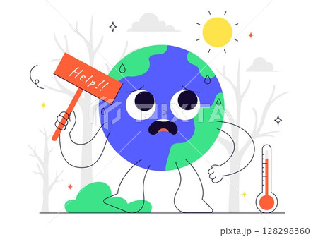 Global Warming Vector Illustration Featuring a Melting or Burning Planet Earth and Thermometer, Raising Awareness to Prevent Environmental Damage 128298360