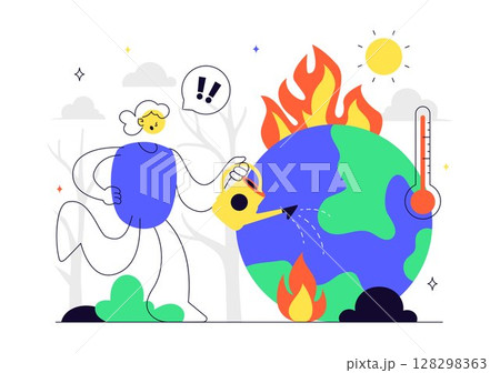 Global Warming Vector Illustration Featuring a Melting or Burning Planet Earth and Thermometer, Raising Awareness to Prevent Environmental Damage 128298363