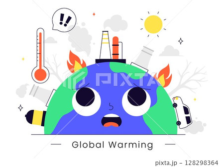 Global Warming Vector Illustration Featuring a Melting or Burning Planet Earth and Thermometer, Raising Awareness to Prevent Environmental Damage 128298364