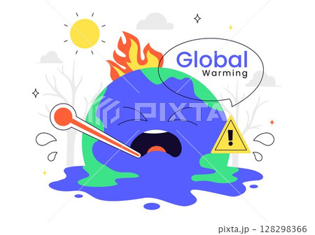 Global Warming Vector Illustration Featuring a Melting or Burning Planet Earth and Thermometer, Raising Awareness to Prevent Environmental Damage 128298366