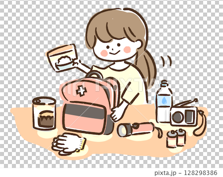 一位女士正在準備防災背包 128298386