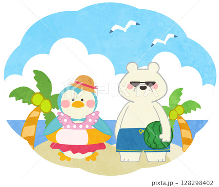 海で遊ぶ夏のシロクマとペンギンのアイコンイラストのイラスト素材