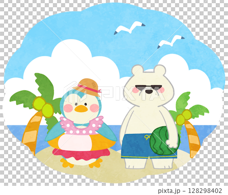 夏季北極熊和企鵝圖示插圖在海中玩耍 128298402