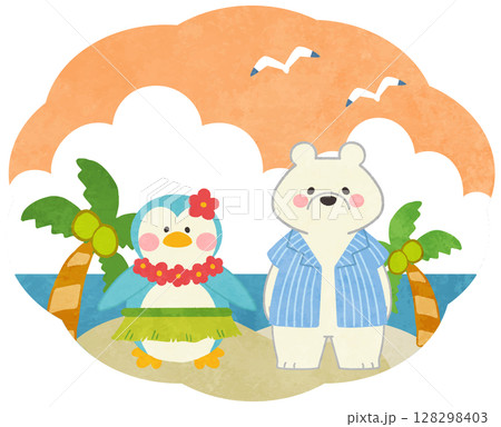 夕暮れの海にいる夏のシロクマとペンギンのアイコンイラスト 夕暮れの海にいる夏のシロクマとペンギンのアイコンイラスト 128298403