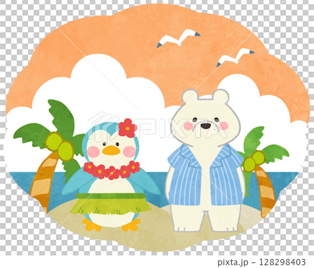 夏季日落時分海面上的北極熊和企鵝圖示插圖 128298403