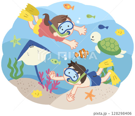 海で泳ぐ子供たちと魚のアイコンイラスト 128298406