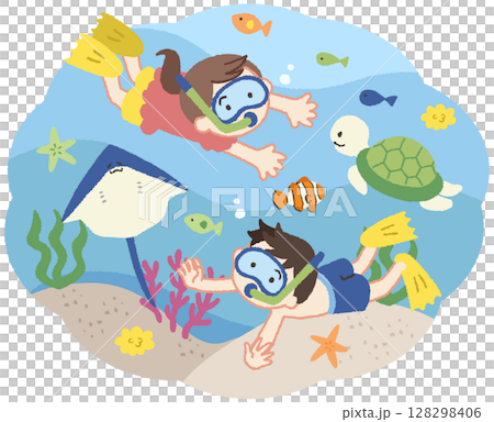 海で泳ぐ子供たちと魚のアイコンイラスト 128298406