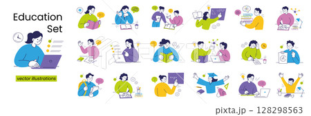 Flat cartoon vector collection of students studying, reading, doing homework, answering questions, taking exams, discussing topics, teachers helping. Education and school visuals, academic content 128298563