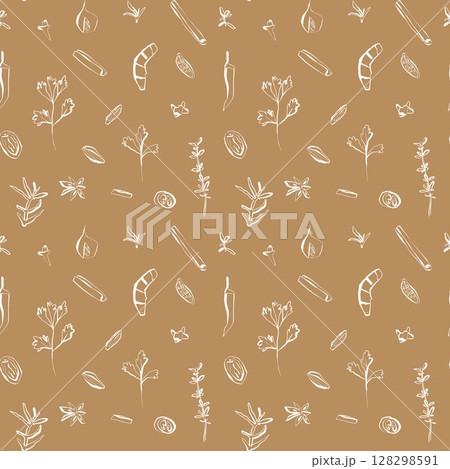 Seamless spice pattern with white hand drawn herbs and seeds on mustard yellow background for textile and packaging 128298591