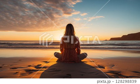 woman meditating on the beach at sunset 128298839