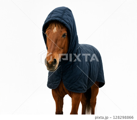 フードを着た冬の馬の写真(正面) フードを着た冬の馬の写真(正面) 128298866