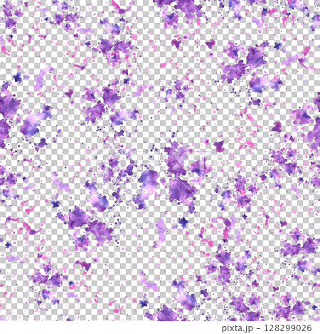 Purple and pink ink splashes, stains abstract seamless pattern. Hand painted in watercolor spotted transparent backdrop for fabric, wrapping paper, texture backgrounds, scrapbooking. Isolated on white 128299026