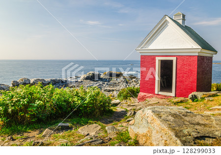 Small red brick building by the sea, Pemaquid Point, Bristol, Maine, USA 128299033