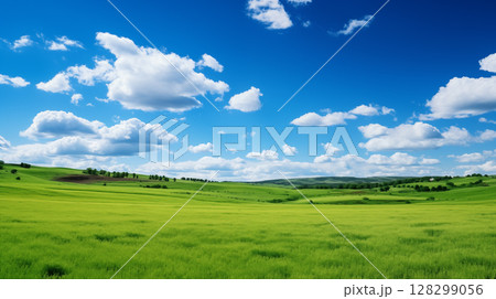 green field and blue sky. field and clouds green field and blue sky. field and clouds 128299056