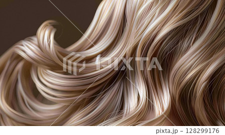 Long, wavy hair in beautiful shades of rich brown and caramel, showcasing healthy, voluminous texture and a luxurious appearance against a dark background. 128299176