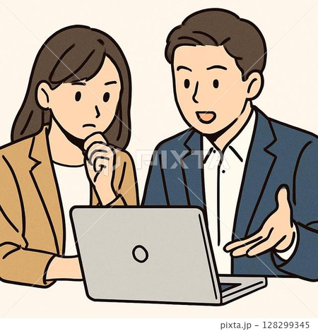 打ち合わせをする若手社員のカットイラスト 128299345