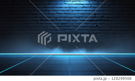 Dark background. Blue bricks wall and floor with led light lines 128299506