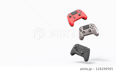 Realistic colorful video game joysticks or gamepads with color buttons on white background. 3D rendering of streaming gear for cloud gaming and gamer workspace concept Realistic colorful video game joysticks or gamepads with color buttons on white background. 3D rendering of streaming gear for cloud gaming and gamer workspace concept 128299565