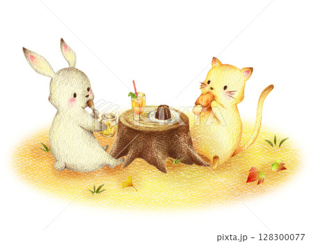 秋の野原でスイーツを食べるうさぎとねこ　手描き色鉛筆画 128300077