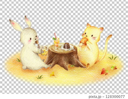 秋の野原でスイーツを食べるうさぎとねこ　手描き色鉛筆画 128300077