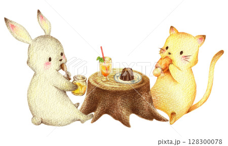 切株のテーブルでスイーツを食べるうさぎとねこ　手描き色鉛筆画 128300078