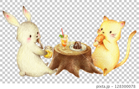 一隻兔子和一隻貓在樹樁桌旁吃糖果。手繪色鉛筆畫。 一隻兔子和一隻貓在樹樁桌旁吃糖果。手繪色鉛筆畫。 128300078