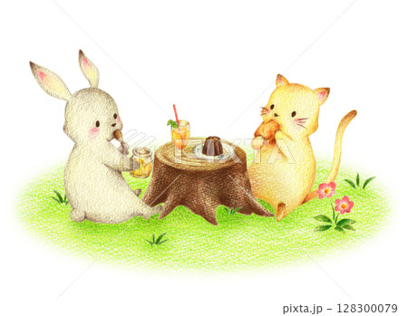 緑の野原でスイーツを食べるうさぎとねこ　手描き色鉛筆画 128300079