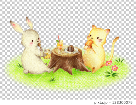 緑の野原でスイーツを食べるうさぎとねこ　手描き色鉛筆画 128300079