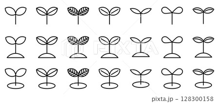 葉っぱ　双葉　線画　芽　線画　アイコン　黒　セット　ベクター 128300158