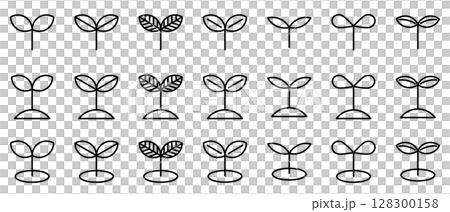 葉っぱ　双葉　線画　芽　線画　アイコン　黒　セット　ベクター 128300158