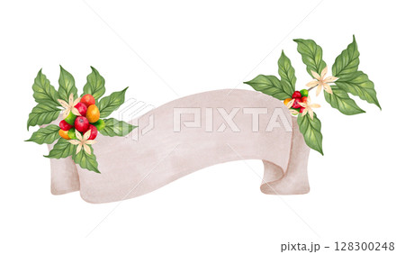 Empty ribbon with coffee tree branch with berries, flower. Watercolor banner illustration. Hand drawn isolated art. International coffee day. Curved empty strip for inscriptions. Template for message. 128300248